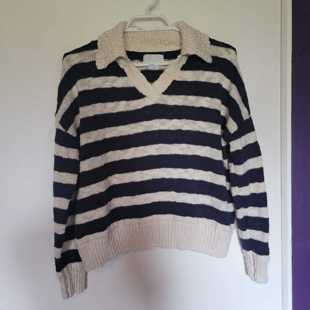 Cynthia Rowley Navy & Cream Striped V-Neck Pullover Sweater